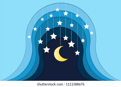 Moon and star on the nightlight - Moon and star on blue wave for background artwork - Papercut style or craft style - Vector illustration