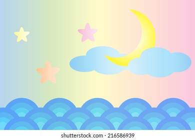 Moon and star over the sea (Pastel color style)