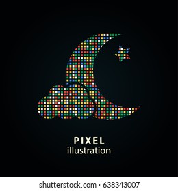 Moon star - pixel icon. Vector Illustration. Design logo element. Isolated on black background. It is easy to change to any color.