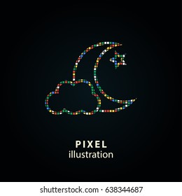 Moon star - pixel icon. Vector Illustration. Design logo element. Isolated on black background. It is easy to change to any color.