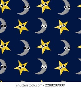Moon and star seamless pattern , childish moon star pattern isolated on blue background , cartoon style , wallpaper , wrapping children room decor stationary