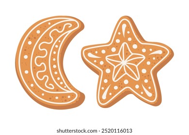 Moon and Star shaped Gingerbread Cookie with decorative icing. Vector illustration design elements isolated on white background. Traditional Christmas holiday cookies.. Homemade ginger baking