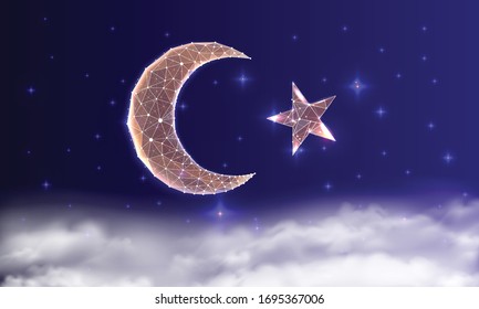 Mond und Stern mit glänzendem Licht und glänzenden Wolken