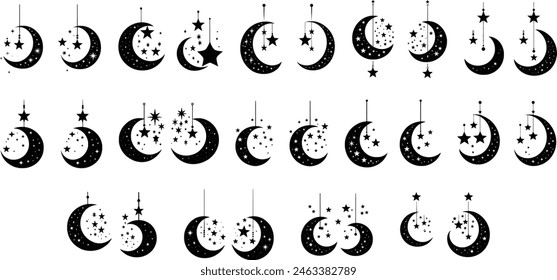 Moon and star silhouette, Moon and stars icon Vector, Graphic elements, Moon and stars at night flat vector icon, Moon and stars icon