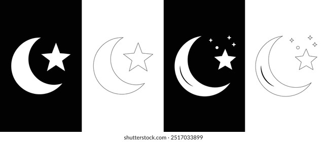 Moon And Star Silhouette Vector Art Black and White EPS Collection