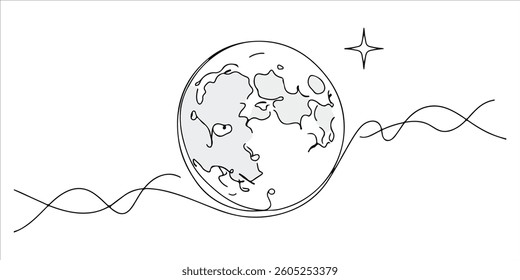 Moon with star single line art drawing sketch on white background