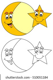 Moon and Star with a smile on his face as coloring books for small children - vector