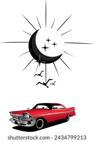 moon star tattoo design, group of birds and a red car underneath