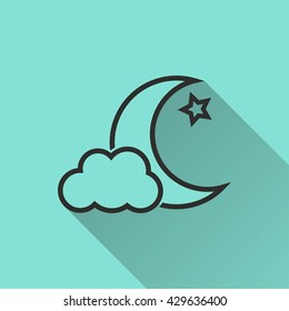 Moon star vector icon with long shadow. Black illustration isolated on green background for graphic and web design.
