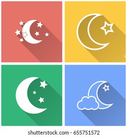 Moon star vector icon with long shadow. White illustration isolated on color background for graphic and web design.