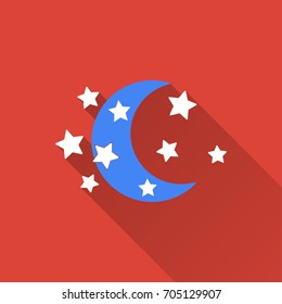 Moon star vector icon with long shadow. Illustration isolated on red background for graphic and web design.