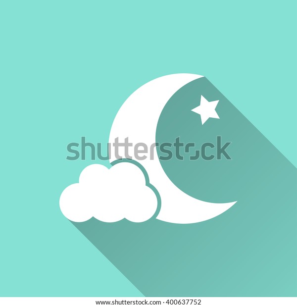 Moon star \
 vector icon with long shadow. White illustration isolated on green\
background for graphic and web design. \
