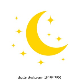 Moon and star. Yellow icon of moon for night. Pictogram of crescent and star. Logo for sleep and baby. Celestial symbol isolated on white background. Illustration for goodnight and ramadan. Vector.