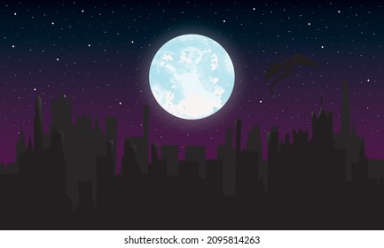 the moon in the starry sky above the castle and a soaring dragon