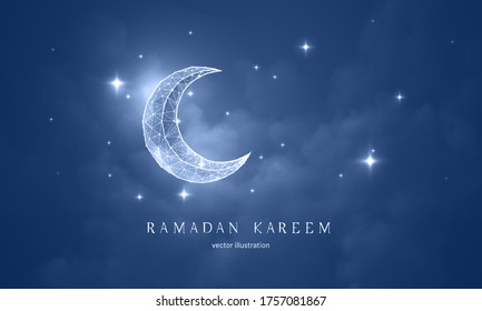 Moon in the starry sky futuristic vector illustration on a blue background, concept for postcard cover. Polygonal crescent moon in the night sky for Ramadan celebration