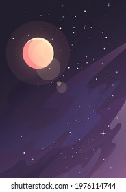 Moon in starry sky. Space landscape in vertical orientation.