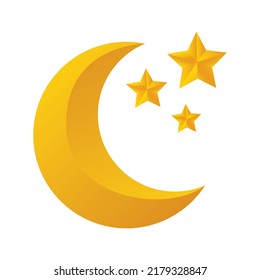 Moon and stars 3D vector icon.  Yellow moon and stars isolated on white background.