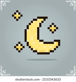 Moon and stars in 8 bit pixel art for game assets in vector illustration