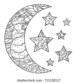 Moon and stars with abstract patterns on isolation background. Design for spiritual relaxation for adults. Line creation. Black and white illustration for anti stress colouring page. Print for t-shirt