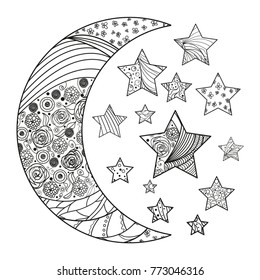 Moon and stars with abstract patterns on isolation background. Design for spiritual relaxation for adults. Line art creation. Black and white illustration for anti stress colouring page. Print t-shirt