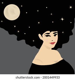 The moon and stars appear in the hair of an attractive woman in a surreal illustration.