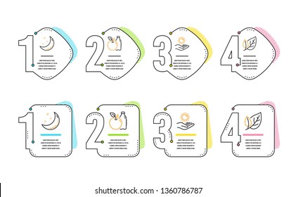 Moon stars, Apple and Sun protection icons simple set. Leaf sign. Night, Diet food, Ultraviolet care. Ecology. Nature set. Infographic timeline. Line moon stars icon. 4 options or steps. Vector