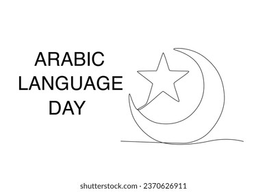 A Moon and Stars and Arabic Day writing. Arabic language day one-line drawing