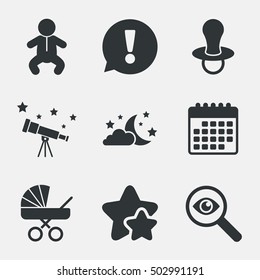Moon and stars. Baby infant icon. Buggy, dummy.