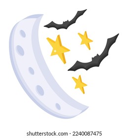 Moon, stars, and bats showing the scene of scary night, isometric icon 
