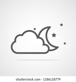 The moon and stars behind a cloud. Vector illustration. Gray weather icon