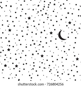 Moon And Stars. Black And White. Vector Illustration. Seamless Pattern.