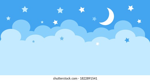 Moon and stars. Blue clouds. Vector illustration