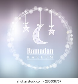 Moon, stars, bokeh lights, vector illustration background, card, invitation for muslim community holy month Ramadan Kareem