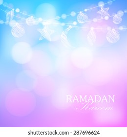 Moon, stars, bokeh lights, vector illustration background, card, invitation for muslim community holy month Ramadan Kareem
