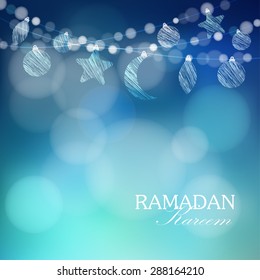 Moon, stars, bokeh lights, vector illustration background, card, invitation for muslim community holy month Ramadan Kareem