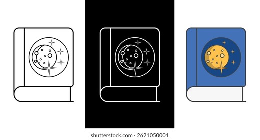 Moon and stars with book icon representing dreamy stories, celestial adventures, and magical nighttime reading.