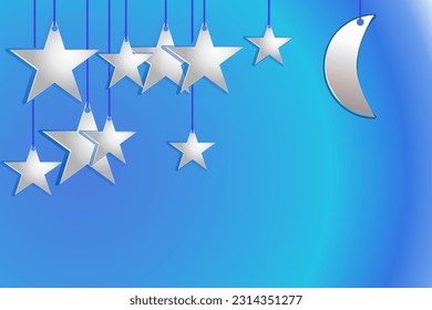 Moon and Stars in Bright night. Vector paper-art, Illustration, Wallpaper, Background