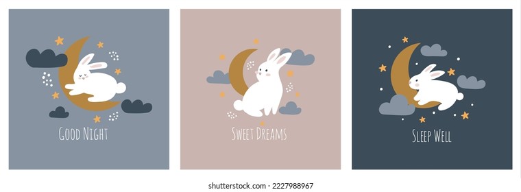 Moon and stars bunny illustration. Childen room, nursery concept. Sweet dreams, good night. Cute rabbit and sleep well words.