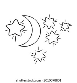 Moon and stars in cartoon childish style. Celestial objects coloring line. Vector illustration isolate.