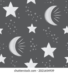 Moon y estrellas reptil celestial diseño de patrones vectoriales sin fisuras en blanco y gris monocromo