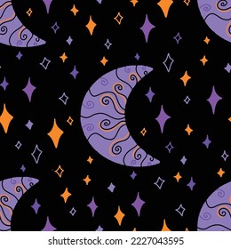 Moon stars celestial vector repeat pattern design on black background