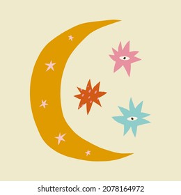 Moon and stars dibujos animados infantiles boho naive funky estilo dibujado a mano arte