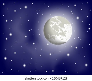 Moon and stars in clear night sky, vector illustration 