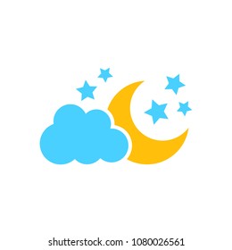 Moon and stars with clods vector icon in flat style. Nighttime illustration on white isolated background. Cloud, moon business concept.