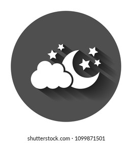 Moon and stars with clods vector icon in flat style. Nighttime illustration with long shadow. Cloud, moon business concept.