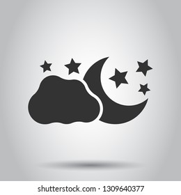 Moon and stars with clods vector icon in flat style. Nighttime illustration on white background. Cloud, moon business concept.