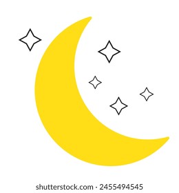 Moon and stars closeup. Abstract moon. Yellow moon and stars isolated on white background. Vector icon