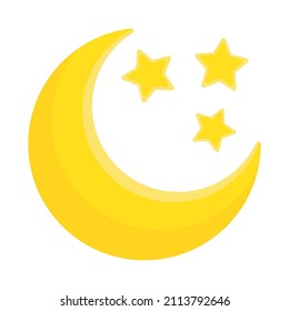 Moon and stars close-up icon. Abstract moon. Yellow moon and stars isolated on white background. Vector icon