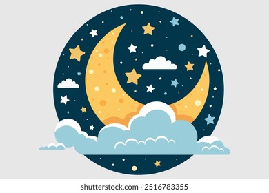 Lua com estrelas, nuvem em círculo. Crescente dourado com nuvens cinzentas no céu estrelado da noite. Boa noite conceito. Ilustração vetorial.