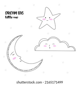 Luna, estrellas, nube. Una burda ilustración para los pequeños.